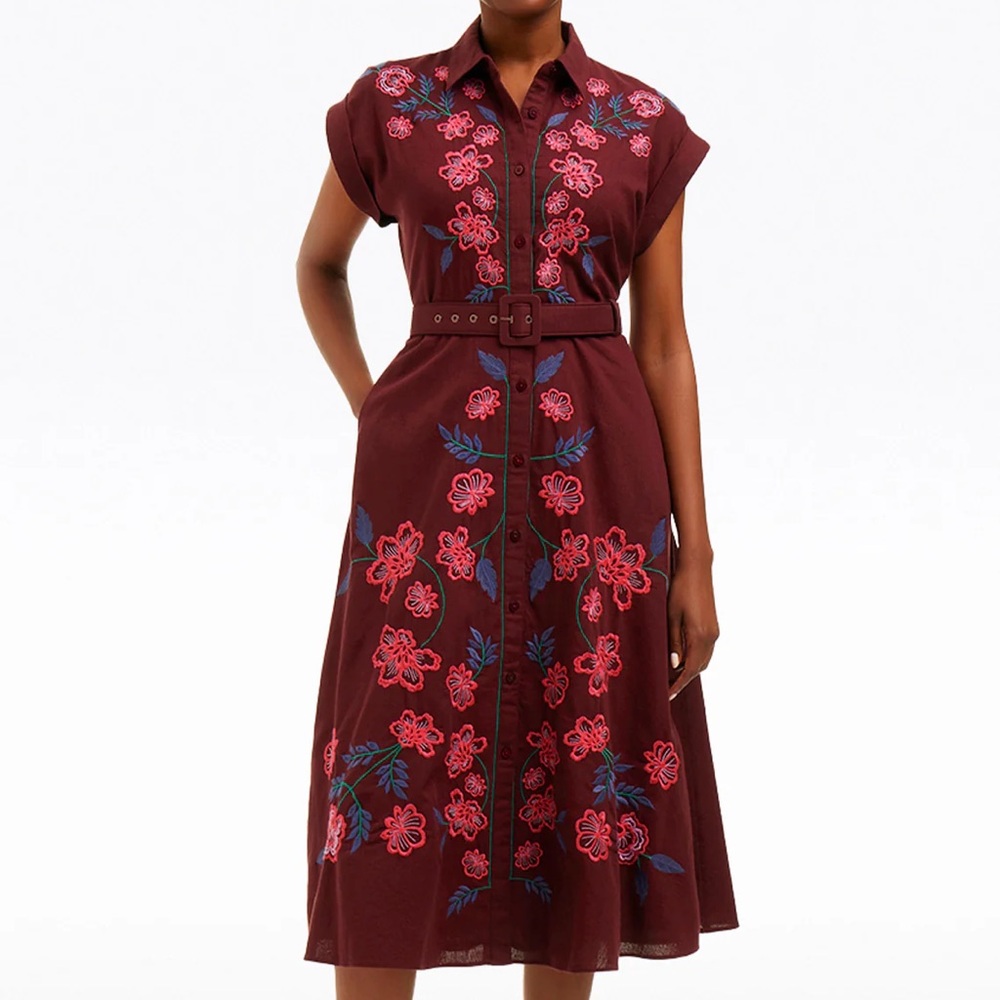 DRAPER JAMES | Embroidered Button-down Midi Dress M 🌸